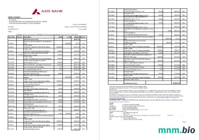 India Andhra Bank statement szablon Worda i PDF, 2 strony p1